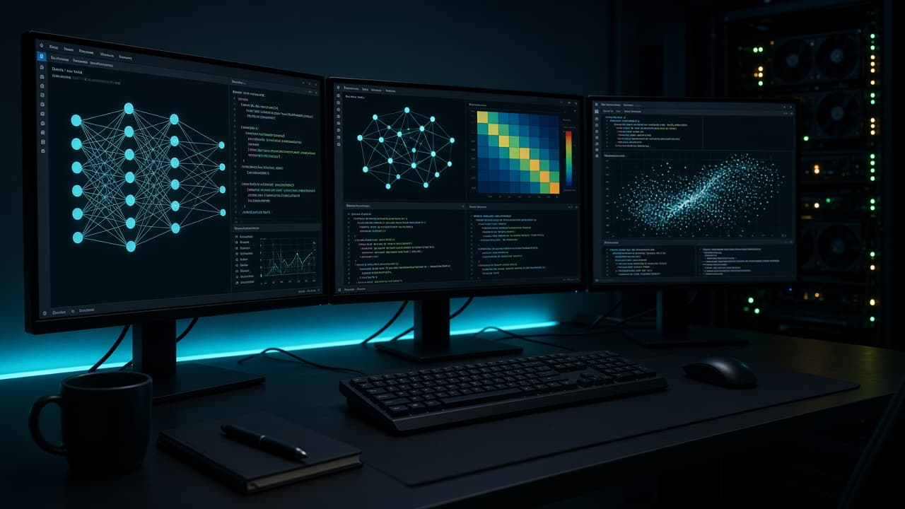 AI lab monitors with neural graphs and notebooks