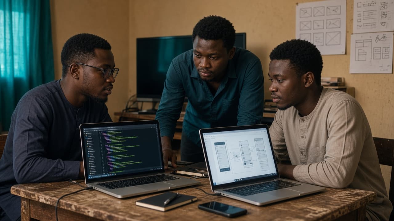 Developers collaborating over laptops in a studio