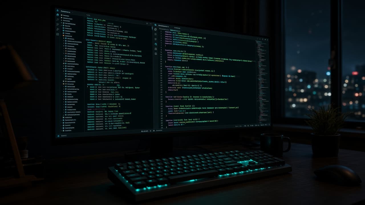 Teal-lit workstation showing source code in a terminal